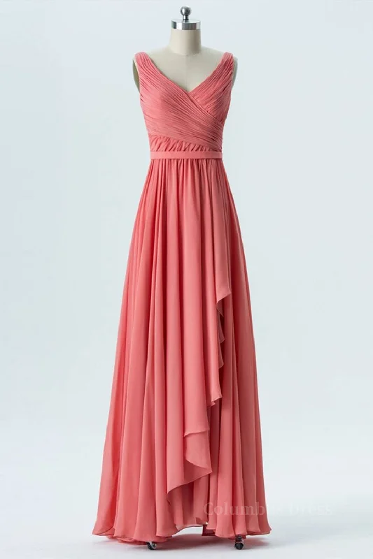 Massive Deals V Neck and V Back High Low Coral Chiffon Long Corset Prom Dresses, Long Coral Corset Formal Evening Corset Bridesmaid Dresses with Slit Gowns Massive Deals V Neck and V Back High Low Coral Chiffon Long Corset Prom Dresses, Long Coral Corset Formal Evening Corset Bridesmaid Dresses with Slit Gowns