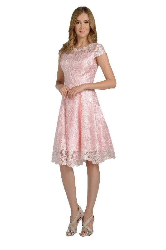 Lowest Price Short Knee Length Lace Dress with Short Sleeves by Poly USA 8090