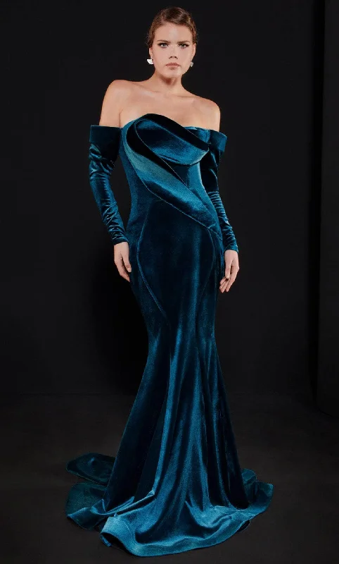 Special Discount MNM Couture N0522 - Long Sleeve Seamed Evening Gown