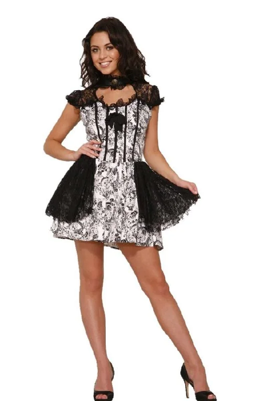 Price Fest Gothic Mini White Dress with Black Skulls