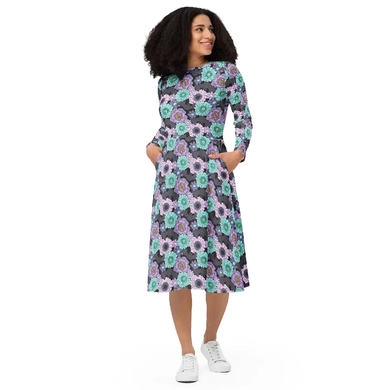 Super Sale Floral Bat Long Sleeved Ladies Midi Dress with Pockets