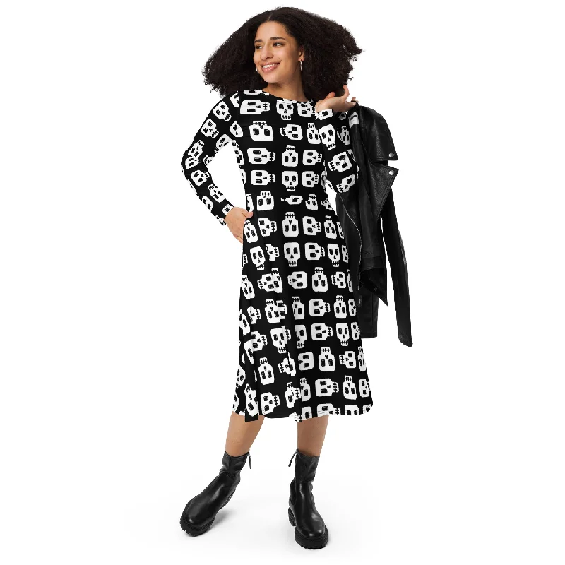 Referral Discount Block Skull Ladies Long Sleeve Midi Dress with Pockets