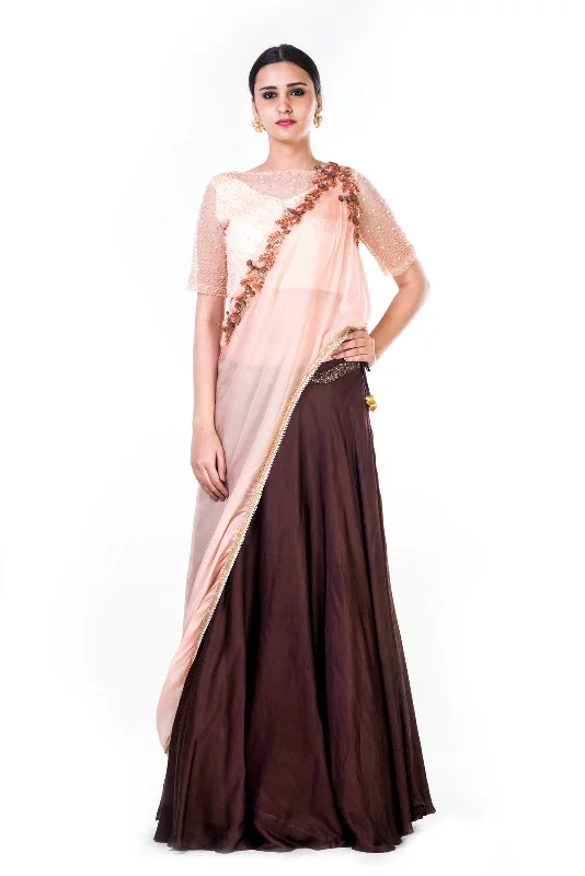 Savings Bonanza Embroidered Powder Peach & Brown Lehenga Set With An Attached Dupatta Savings Bonanza Embroidered Powder Peach & Brown Lehenga Set With An Attached Dupatta