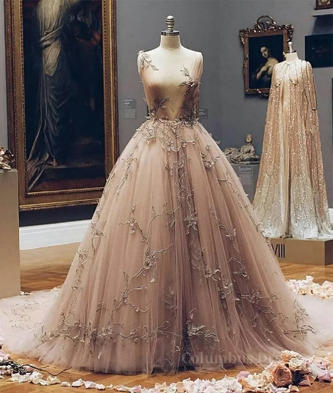 Deal Dash Champagne v neck tulle lace Corset Prom dress, champagne tulle evening dress outfit