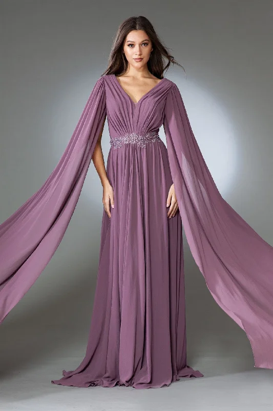 Get It Before It’s Gone Cape Sleeve V-Neck Chiffon Gown by Amelia Couture AC0011