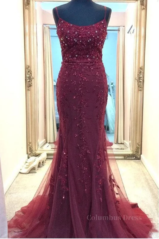 Exclusive Offers Backless Mermaid Beaded Maroon Lace Long Corset Prom Dresses, Backless Burgundy Lace Corset Formal Dresses, Burgundy Tulle Evening Dresses outfit