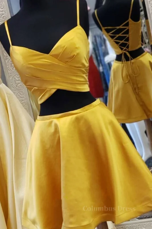 New Markdowns Two Pieces Short Yellow Corset Prom Dresses, Short Yellow 2 Pieces Corset Formal Corset Homecoming Dresses outfit