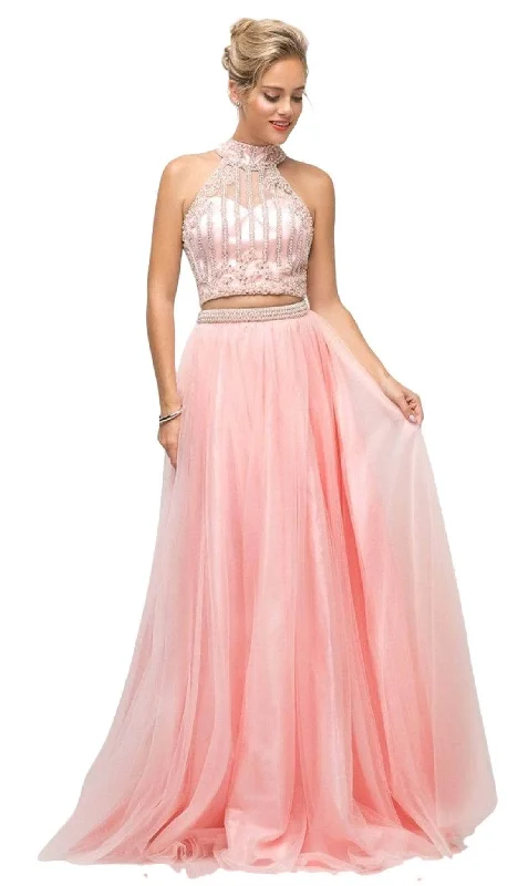 Huge Discounts Ladivine 8994 - Illusion High Halter Beaded A-Line Gown