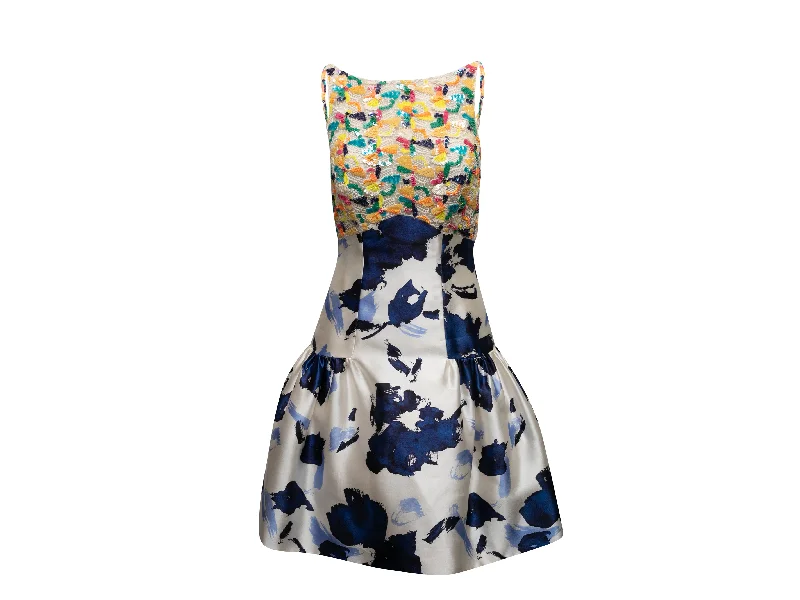 Hurry In White & Multicolor Oscar de la Renta Silk Embellished Dress Size US 4
