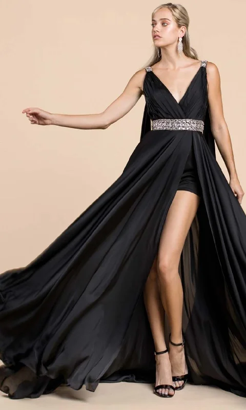 Discount Extravaganza Cinderella Divine - A0065 Satin High Slit Caped Evening Gown
