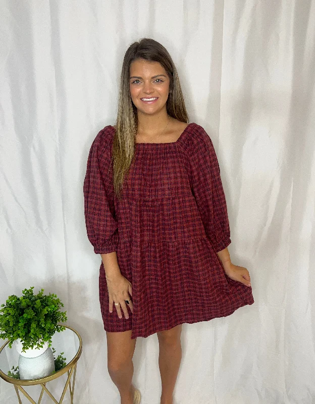 Limited Availability 3/4 sleeve plaid dress with pockets
