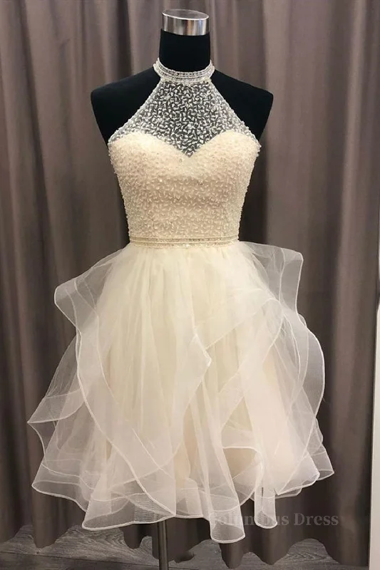 Crazy Savings Cute Open Back Champagne Beaded Short Corset Prom Dress, Fluffy Champagne Beaded Corset Homecoming Dress outfit Crazy Savings Cute Open Back Champagne Beaded Short Corset Prom Dress, Fluffy Champagne Beaded Corset Homecoming Dress outfit