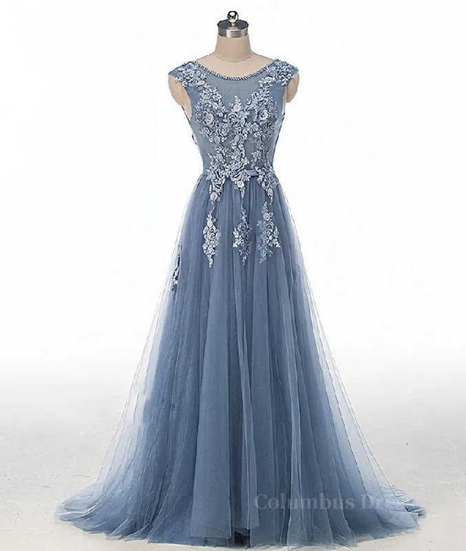Today’s Deal Blue round neck tulle lace applique long Corset Prom dress, blue evening dress outfit