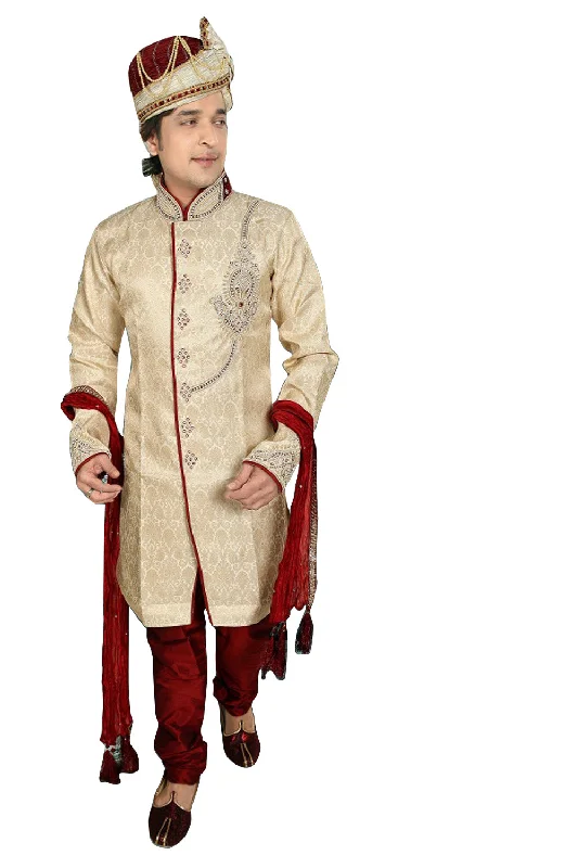 Savings Spectacular Traditional Cream Brocade Silk Indian Wedding Sherwani For Men