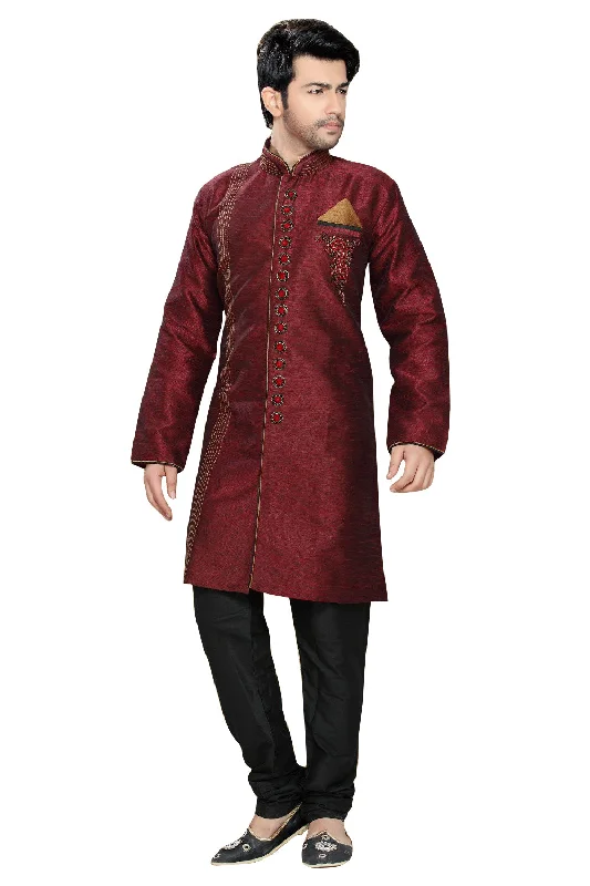 Online Only Maroon Art Silk Indian Wedding Indo-Western Sherwani For Men