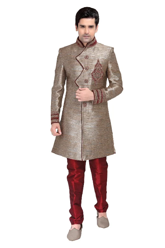 Unmissable Offer Brown Jacquard & Linen Silk Indian Wedding Indo-Western Sherwani For Men Unmissable Offer Brown Jacquard & Linen Silk Indian Wedding Indo-Western Sherwani For Men