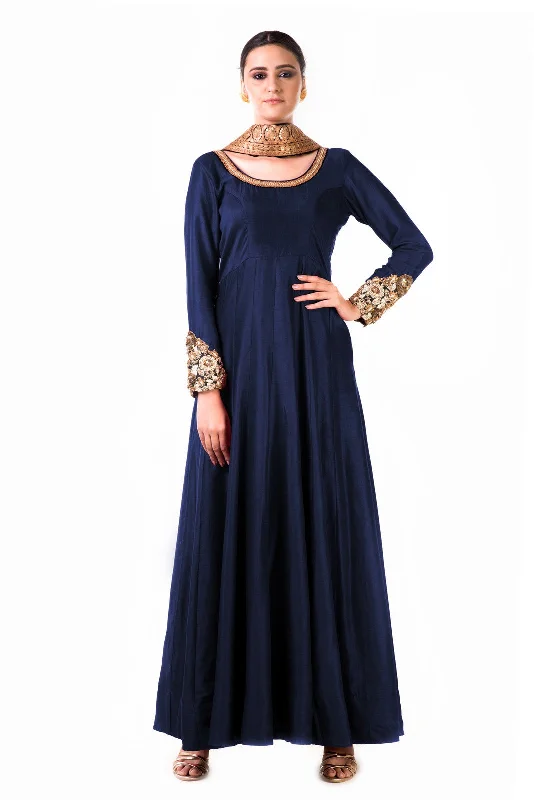 Early Bird Discount Blue Bem-Silk Kali Dress With A Black Velvet Dupatta