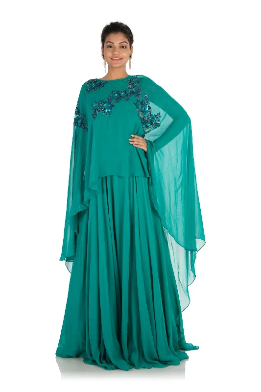 Exclusive Preview Hand Embroidered Pine Green Long Cape Gown