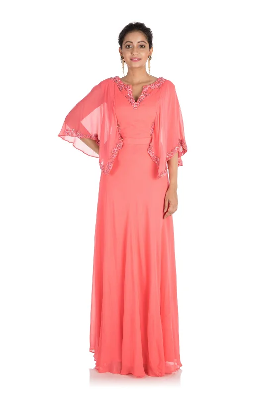 Price Buster Hand Embroidered Candy Pink Backside Cape Gown