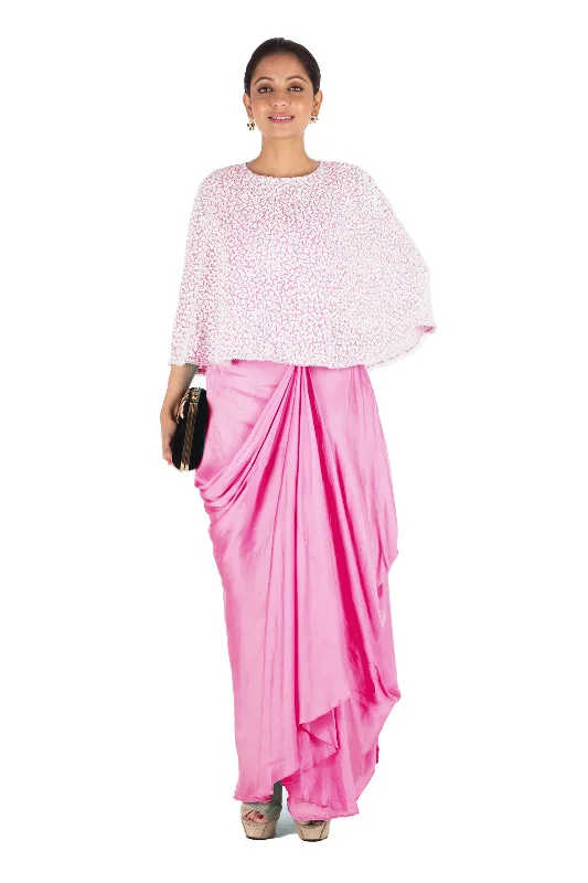 Hurry In Hand Embroidered Pink Drape Skirt & Cape Set