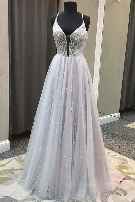 Daily Deals Gorgeous V Neck Backless Beaded Gray Tulle Long Corset Prom Dresses, Backless Grey Corset Formal Graduation Evening Dresses outfit Daily Deals Gorgeous V Neck Backless Beaded Gray Tulle Long Corset Prom Dresses, Backless Grey Corset Formal Graduation Evening Dresses outfit