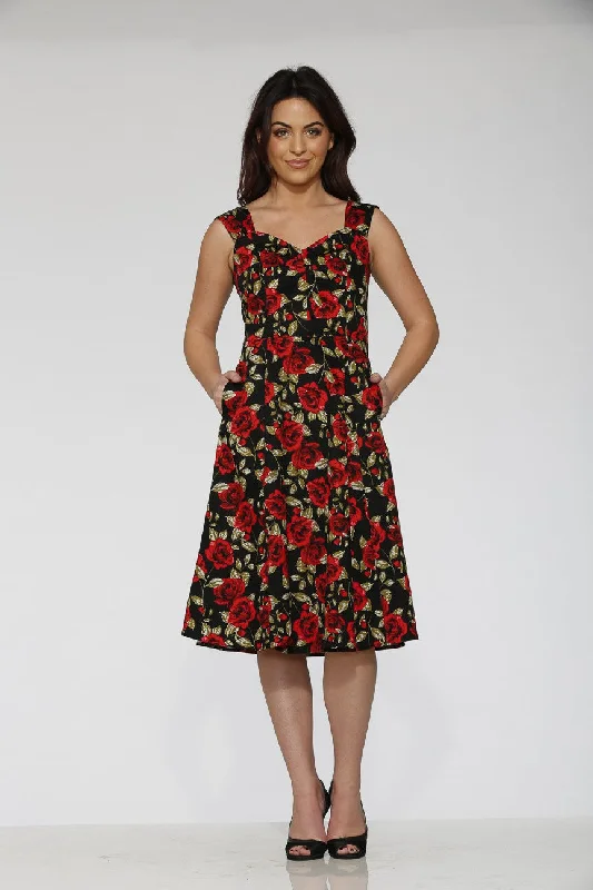 Clearance Event Black Red Rose Vintage Dress