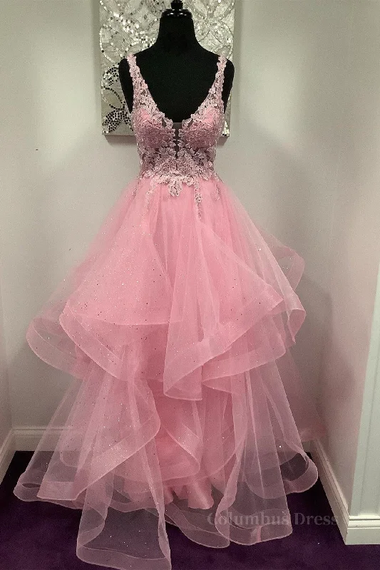Big Discounts V Neck Open Back Pink Lace Puffy Tulle Long Corset Prom Dresses, Pink Lace Corset Formal Dresses, Pink Evening Dresses outfit Big Discounts V Neck Open Back Pink Lace Puffy Tulle Long Corset Prom Dresses, Pink Lace Corset Formal Dresses, Pink Evening Dresses outfit
