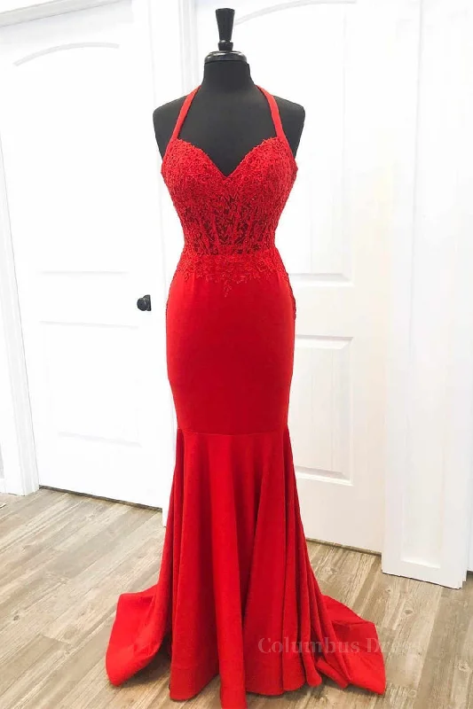 TIME-Limited Offer Halter Neck Mermaid Backless Red Lace Long Corset Prom Dresses, Mermaid Red Corset Formal Dresses, Red Lace Evening Dresses outfit TIME-Limited Offer Halter Neck Mermaid Backless Red Lace Long Corset Prom Dresses, Mermaid Red Corset Formal Dresses, Red Lace Evening Dresses outfit
