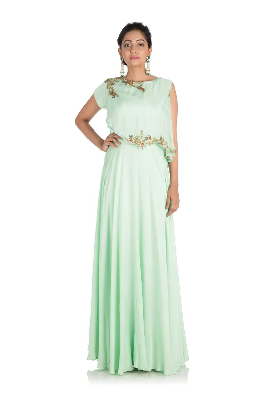 Stock Up and Save Hand Embroidered Light Green One Sided Cape Dress