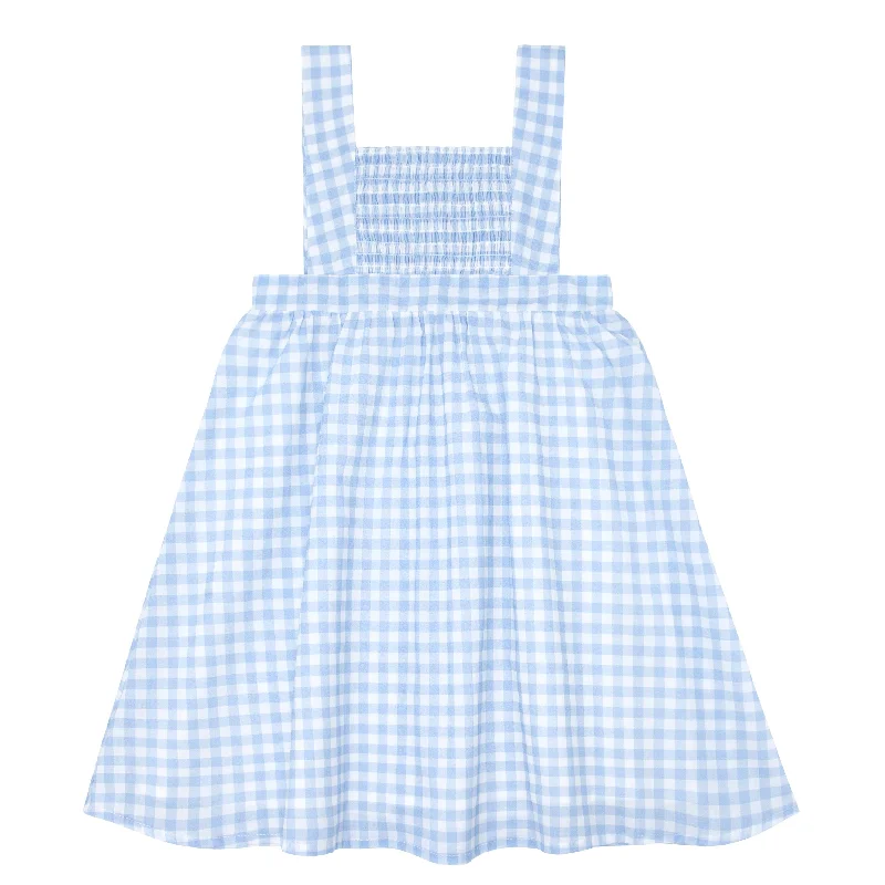 Exclusive Deal girls blue gingham smocked bib dress
