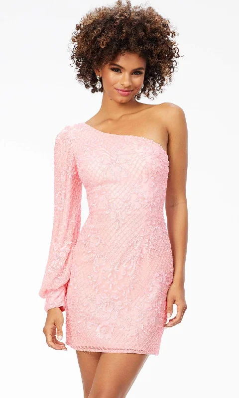 Closeout Ashley Lauren 4497 - One Shoulder Long Bishop Sleeve Cocktail Dress