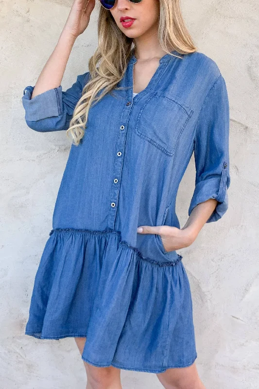 Instant Discount Denim Long Sleeve Button Down Pocket Casual Dress