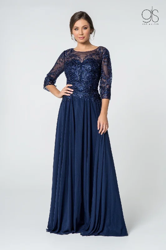 Price Break Long Embroidered Bodice Dress with 3/4 Sleeves by Elizabeth K GL2810