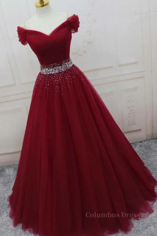 Seasonal Sale Off Shoulder Burgundy Tulle Long Corset Prom Dresses with Sequins, Burgundy Tulle Corset Formal Evening Dresses outfit Seasonal Sale Off Shoulder Burgundy Tulle Long Corset Prom Dresses with Sequins, Burgundy Tulle Corset Formal Evening Dresses outfit