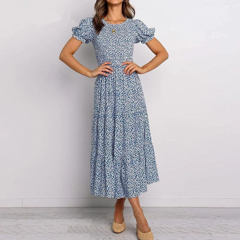 Huge Savings Women's Summer Casual Puff-Sleeved High-Waist Long Dress