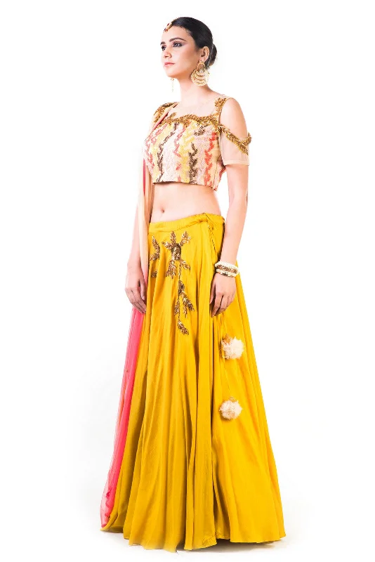 Bargain Prices Mustard Yellow Lehenga With An Embroidered Beige Blouse And Shaded Dupatta Bargain Prices Mustard Yellow Lehenga With An Embroidered Beige Blouse And Shaded Dupatta