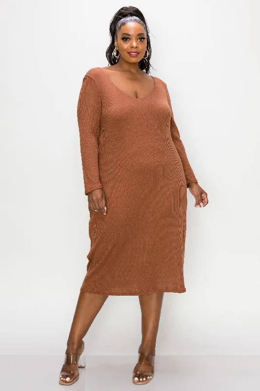 Must-Have Deals Plunge Neck Vegan Cashmere Rib Midi Dress