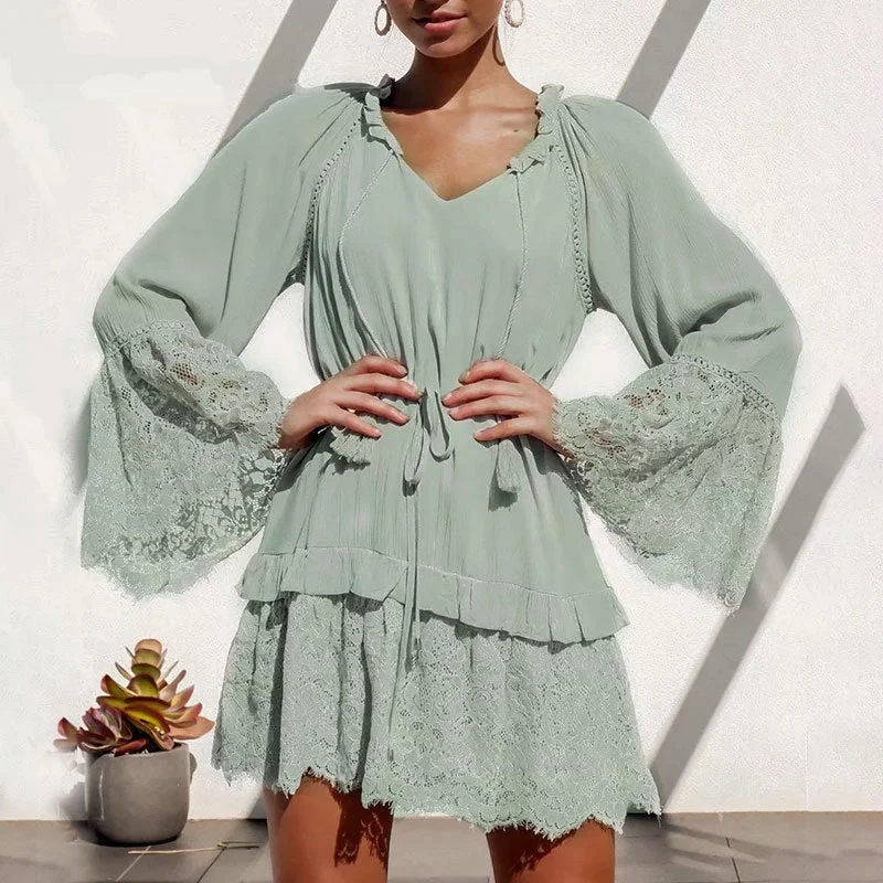 Super Sale Women's Summer V-Neck Lace Ruffled Long-Sleeved Dress