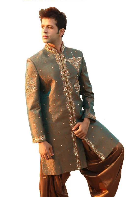 Closeout Jaal Pattern Indian Wedding Rust Green Sherwani For Men