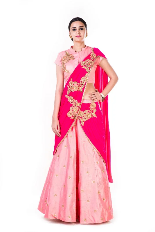 Crazy Deals Hand Embroidered Peach & Rani Pink Lehenga With An Attached Dupatta