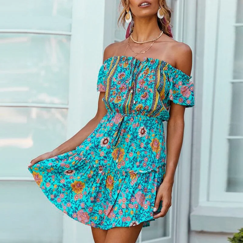 Bargain Bin Women's Summer Casual Off-Shoulder Mini A-Line High-Waist Dress