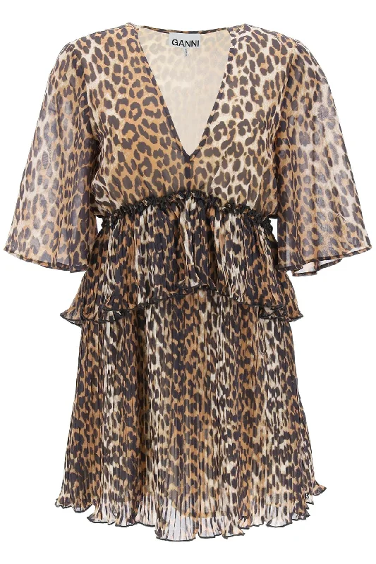 Limited Time Discount Ganni pleated mini dress with leopard motif