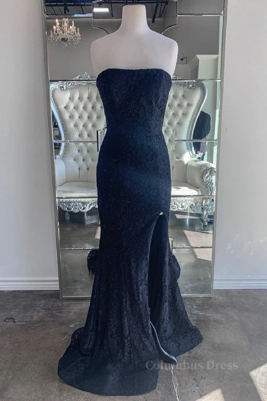Best Seller Strapless Mermaid Dark Blue Lace Long Corset Prom Dresses, Mermaid Dark Blue Lace Corset Formal Dresses, Dark Blue Lace Evening Dresses outfit