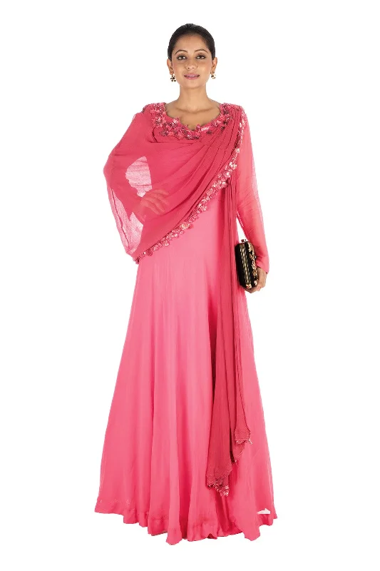 Big Discounts Hand Embroidered Sweet Pink Gown With Attahed Dupatta