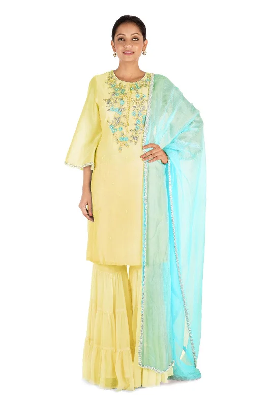Unmissable Offer Hand Embroidered Yellow Three Layer Sharara Set.