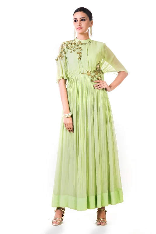 Reduced Prices Hand Embroidered Green Overlapped Yoke Pleated Dress