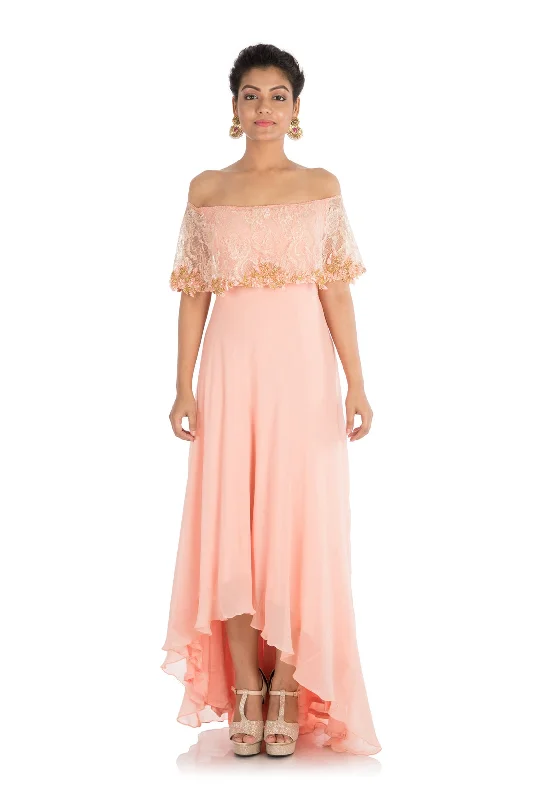 Instant Savings Hand Embroidered Blush Peach Off-Shoulder Dress