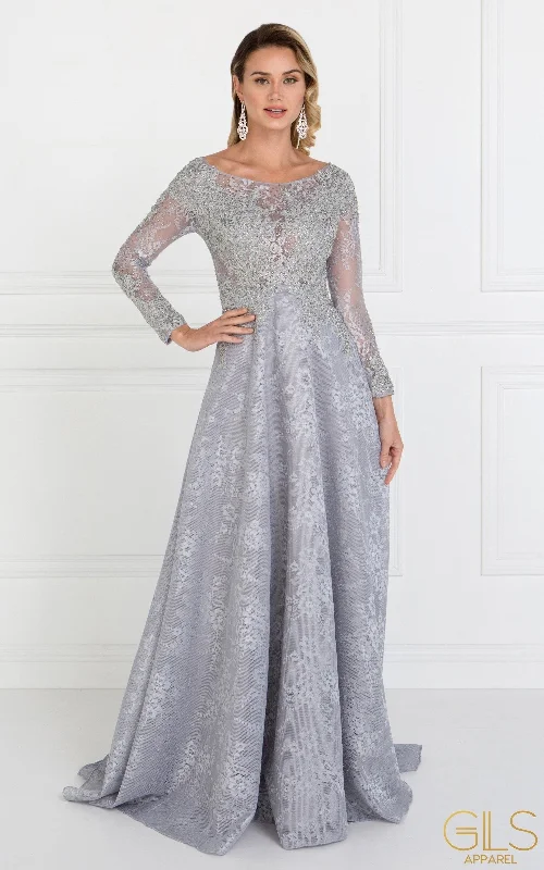 Price Smash Long Silver Lace Dress with Lace Sleeves by Elizabeth K GL1537