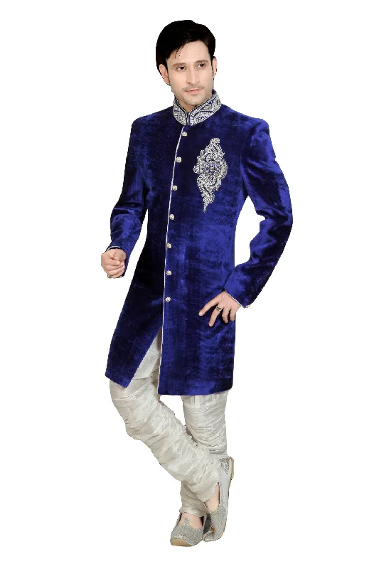 Today’s Deal Blue Velvet Silk Indian Wedding Indo-Western Sherwani For Men