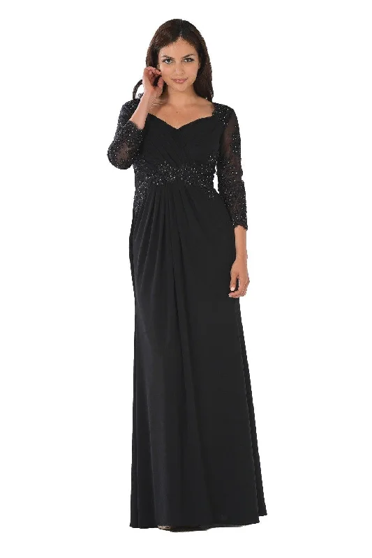 Exclusive Preview Long Lace Applique Pleated Dress with Sleeves by Poly USA 7812